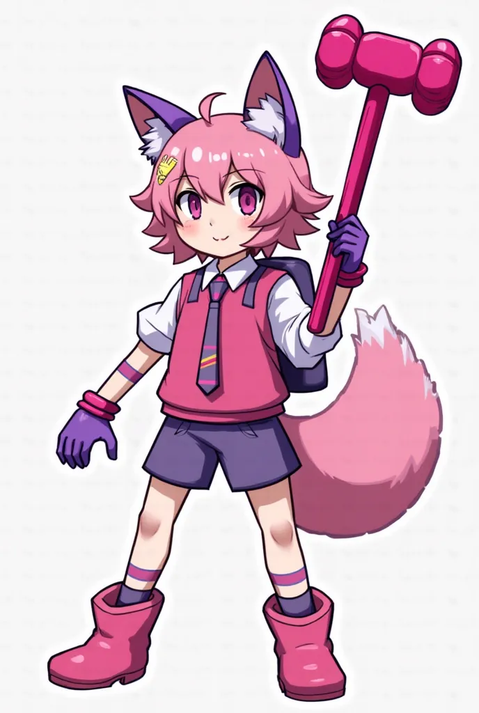 Boy with the tail and ears of a fox color and purple holding a pink hammer with a fuchsia stick the handle of the hammer is big 
Appearance: pink hair with purple,  Pink Eyes,Clothes, white collar shirt pink vest, purple sweatshirt fuchsia tie fuchsia leg ...