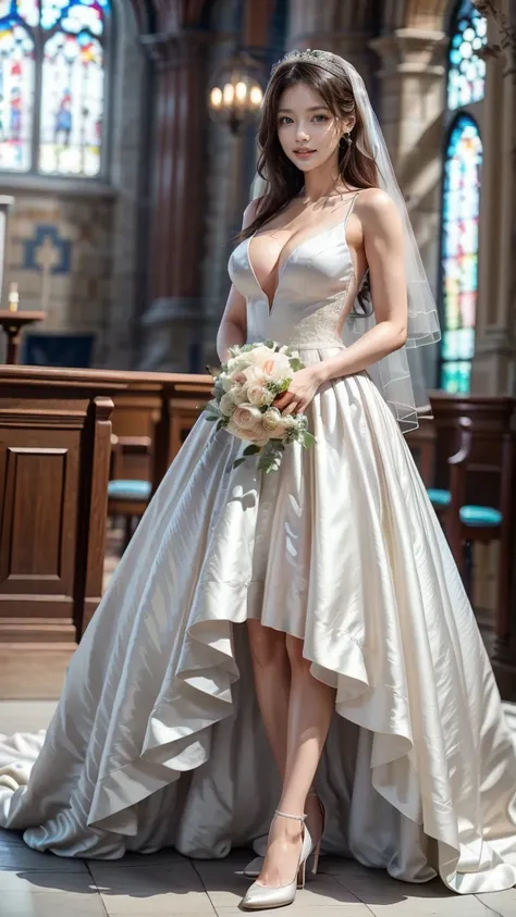 A beautiful young Japanese woman, 26 years old, with healthy thighs, beautiful legs, flawless skin, random hair color and style, large breasts, wearing a (wedding dress:1.3), (she is standing:1.2), full body shot, high heels, holding a bouquet in her hands...