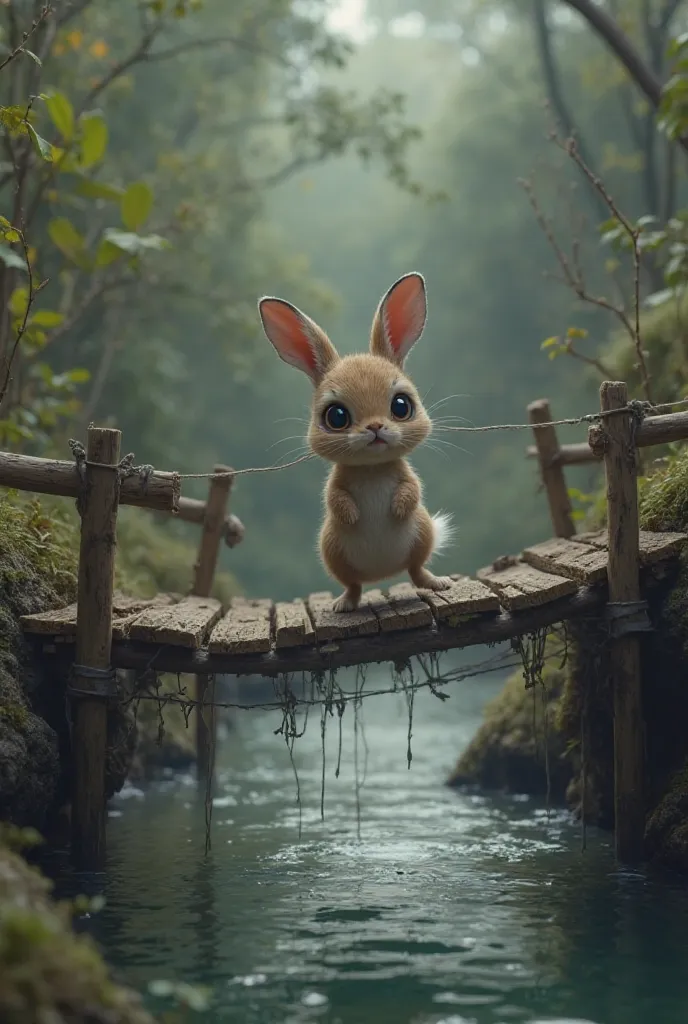 A small rabbit cautiously walking across a wooden hanging bridge over a river, looking both nervous and determined