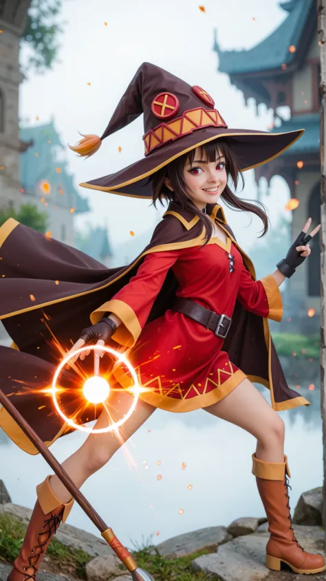 Ultra-realistic, hyper-detailed fantasy portrait of Megumin from Konosuba, captured as a high-end cinematic photoshoot. She wears her iconic red tunic with golden trim, a flowing black cape with orange lining, a large wizard hat with golden embroidery, bla...
