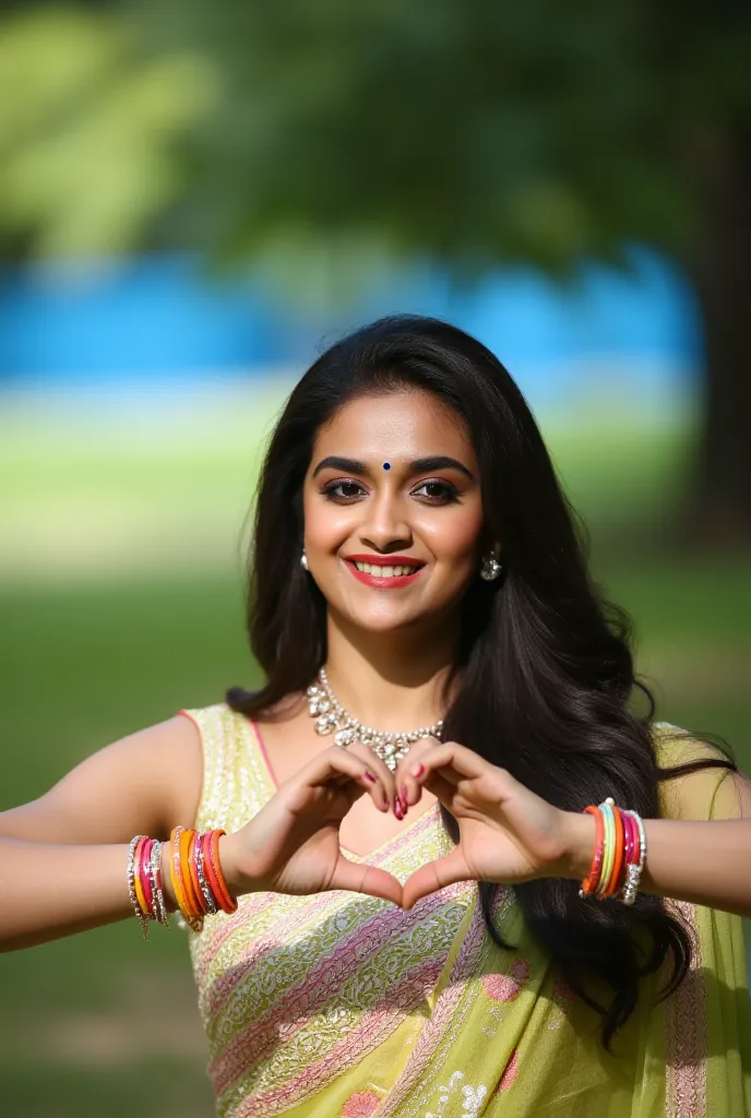 A Indian woman posing in an outdoor natural setting with a blurred green and blue background. The woman is dressed in a vibrant saree with embroidery, wearing matching bangles, earrings, and a necklace. She has long, black fantasy hair styled naturally and...