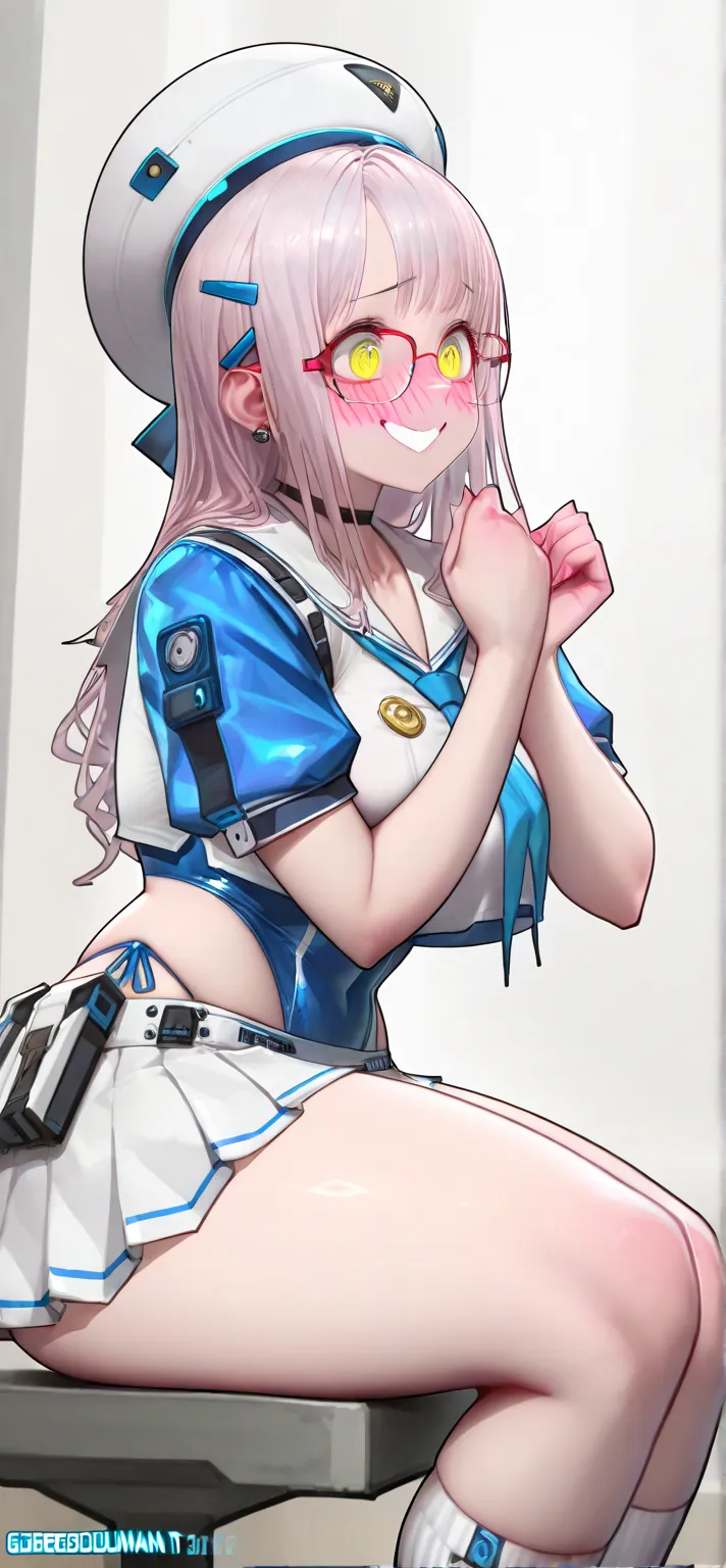 1 girl , solo, Neon ( Nikke) , solo, gorgeous woman,  glasses , nervous smile, white sailor uniform,  thick, sitting, cropped top, blue onepiece swimsuit underneath, high highs, white skirt, masterpiece, highly detailed, Hd, sailor hat, cute, blushing 