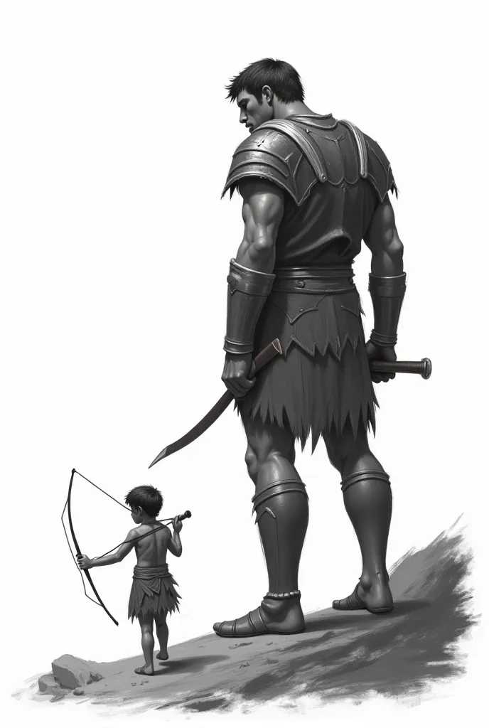 black and white drawing that summarizes the story of DAVID AND GOLIATH