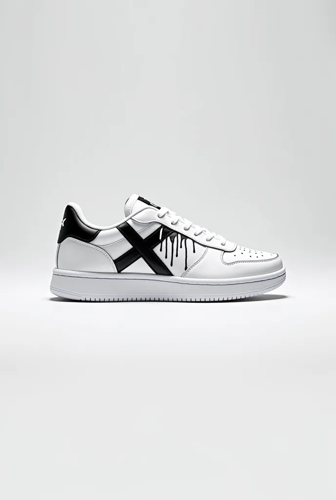 White sneaker, black X logo with dripping paint effect, air cushion sole, suede panels, minimalist design 