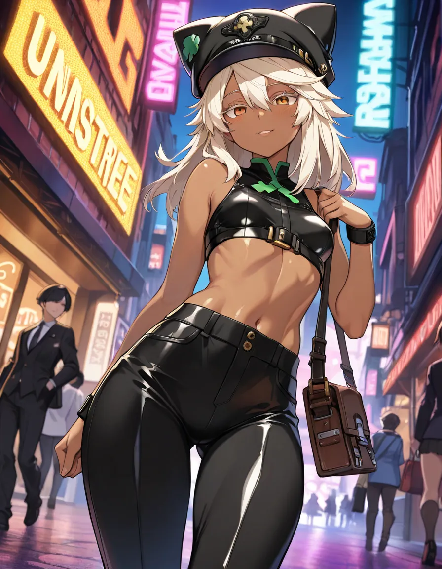 (​masterpiece, top-quality, hight resolution, Unity 8k, extremely details CG:1, Best Picture), 1girl, Ramlethal Valentine | Guilty Gear -Strive-, (((dark-skinned female))), Prostitutes, touts, nightlife, Sexual atmosphere, moistened eyes, Trousers, whore s...