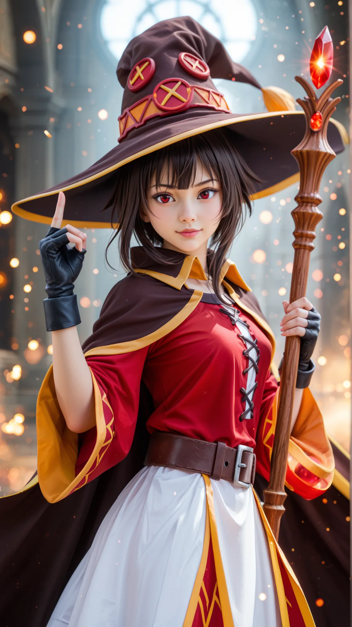 Ultra-realistic, hyper-detailed fantasy portrait of Megumin from Konosuba, captured as a high-end cinematic photoshoot. She wears her iconic red tunic with golden trim, a flowing black cape with orange lining, a large wizard hat with golden embroidery, bla...