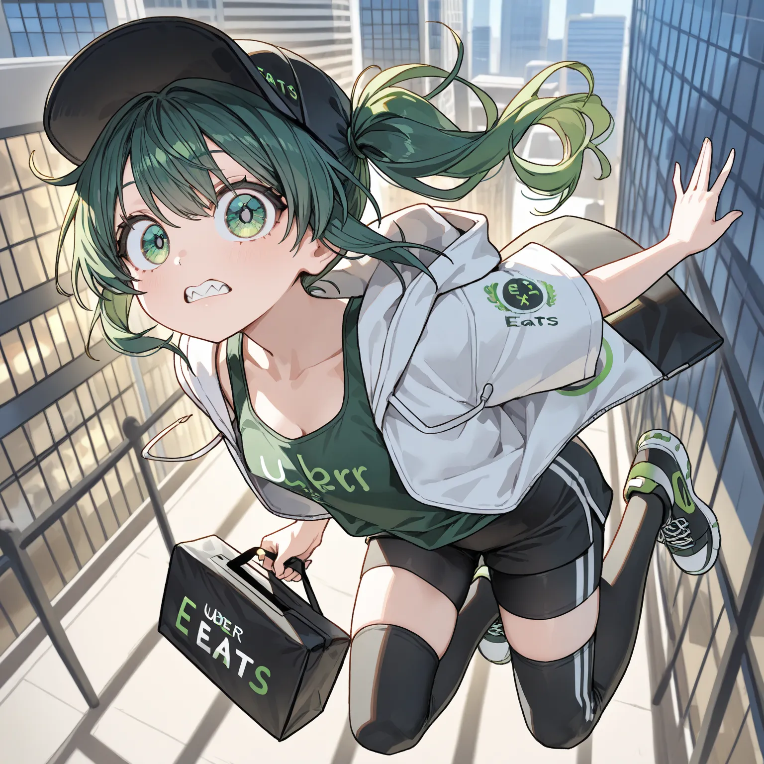 (Green hair, side ponytail) (jagged teeth, big eyes, green eyes) (tank top oversized T-shirt, open front hoodie, leggings, knee-high socks, sneakers)(carrying an Uber Eats delivery bag, jumping from building to building)