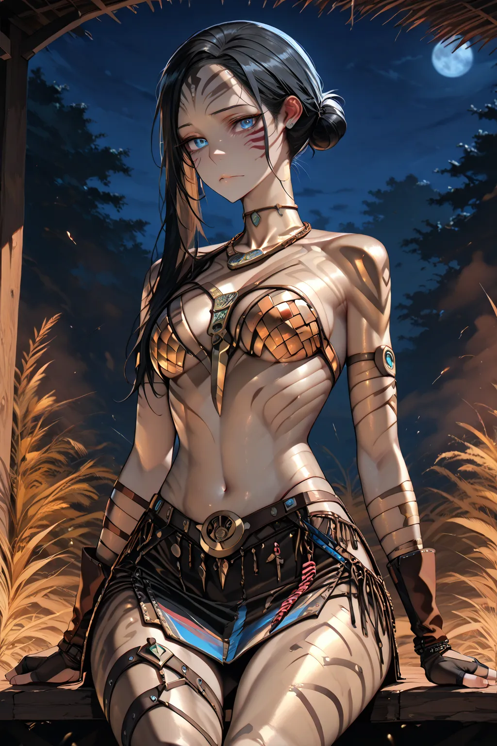 1girl, solo, masterpiece, ((22-year-old adult: 1.3)), primal beauty, athletic and toned body, piercing blue eyes, ((bronze skin: 1.7)), ((long black hair: 1.3)), ((hair bun: 1.4)) tribal face paint, ((tribal leather chest wrap: 1.4)), (( leather wrap skirt...