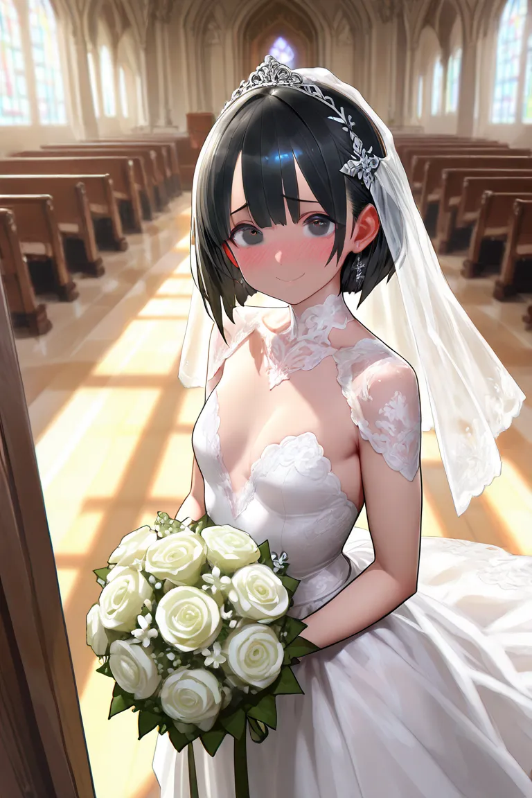 masterpiece, 8k, church, hair ornament, bob hair, black hair, gorgeous wedding dress, (standing:1.5), 1girl, holding wedding bouquet, thin chests, small breasts, close-up face, Dynamism, unrealistic beauty, enchanting eyes, perfect face, clear darkened eye...