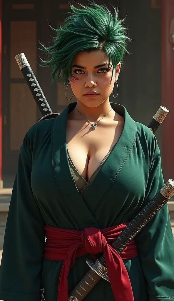 A strong and fearless swordswoman iman Vellani, 1M4N, with a tanned skin. She has short, spiky green hair and sharp, intense eyes filled with determination. A deep scar runs across one of her eyes, adding to her battle-hardened appearance. She wears a dark...