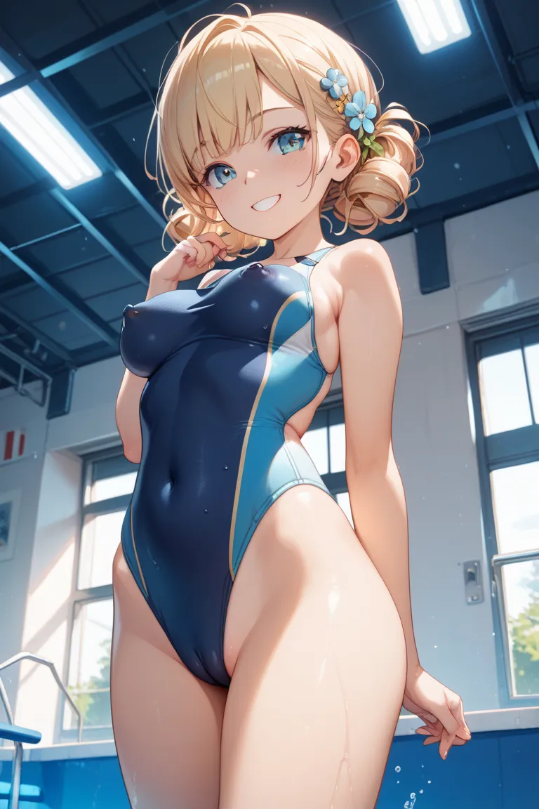 masterpiece, best quality, very aesthetic,  1 girl, Caropino , smile, (pino1st ),covered erect Nipples,medium breasts,is standing,Areola、cowboy shot、cameltoe、slender、from right in front of face and body、petites、loli、competition swimsuit