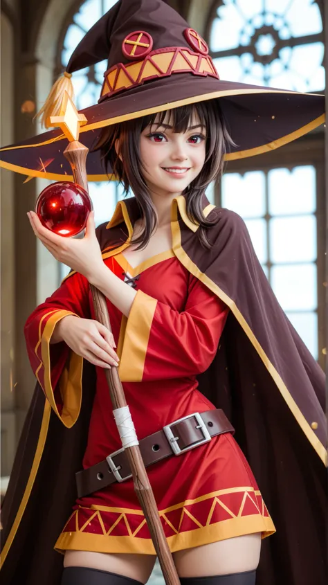 Ultra-realistic, hyper-detailed cinematic portrait of Megumin from Konosuba, captured as a high-end fantasy photoshoot. She is wearing her signature red tunic with golden trim, a dark purple cape with golden accents, a wide-brimmed wizard hat with golden e...