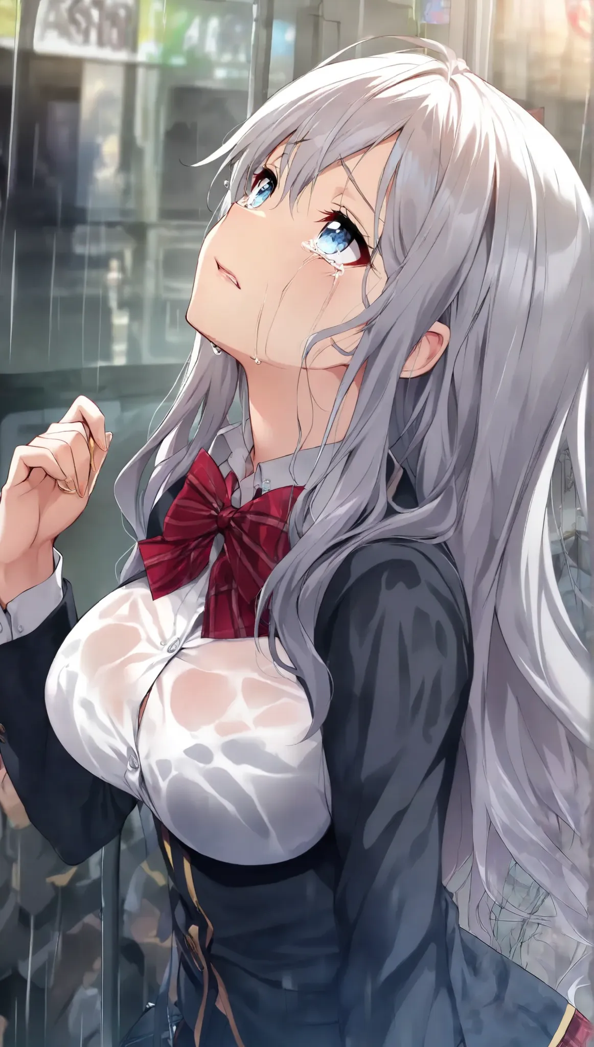 1 Beautiful Girl , (Alluring, crying, regrettable, shout,  looks up), Anime Style, ( Gold, long hair), (Mid-chest), Fashion Model Body Type, (School blazer , red check bow tie, Soaked all over:1.2), Extremely cute , ( bust shot), In the rainy city ,  stand...