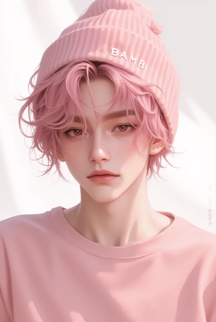 A digital painting of a young androgynous character with soft facial features, pink messy hair, and bright, expressive eyes. They wear a cozy oversized beanie with 'BAMBI' written on it, slightly tilted, covering part of their hair. Their skin is fair with...