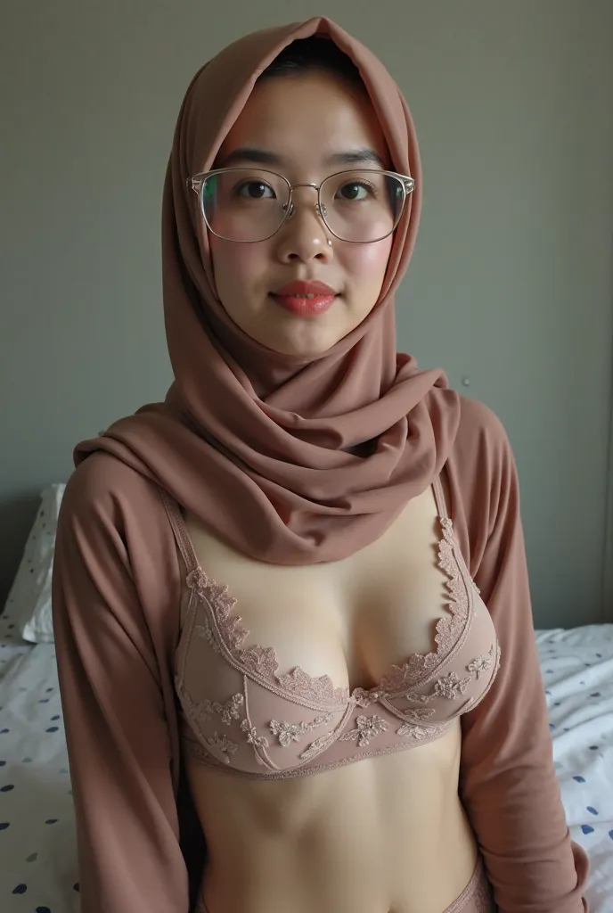 An indonesian hijab teacher , wear a hijab , wear a transparent sexy bra and transparent g string , big size breast , wear a glasses , gorgeous , full body , full picture, far view, sensual face , seduction , horny , realistic , high quality , high resolut...