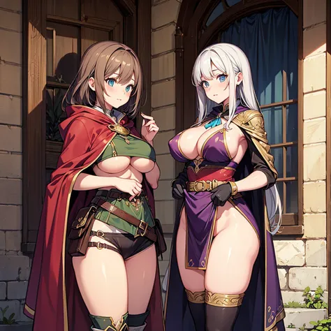 side boob, under boob, High quality, super detailed, best quality, highly detailed, beautiful, masterpiece, group of girls, ((adult)), harem, adventurer, fantasy, perfect anatomy, detailed outfit, detailed decoration, pouch, cloak, belt, big boobs