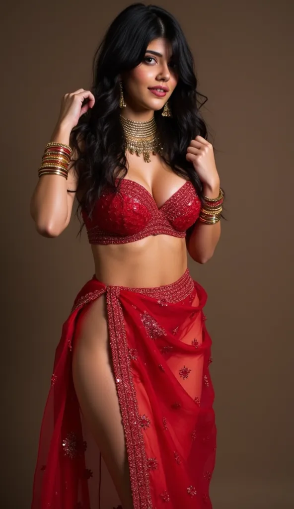 Indian woman((30year old)), (((wearing red dupatta ghungat, mini lehenga, cleavage visible , back thigh visible))),(((wearing ghungat made of red duppata))), (((wearing necklace, bangles, thin waist chain))), (((rearing's))), (((doggy position))), beautifu...