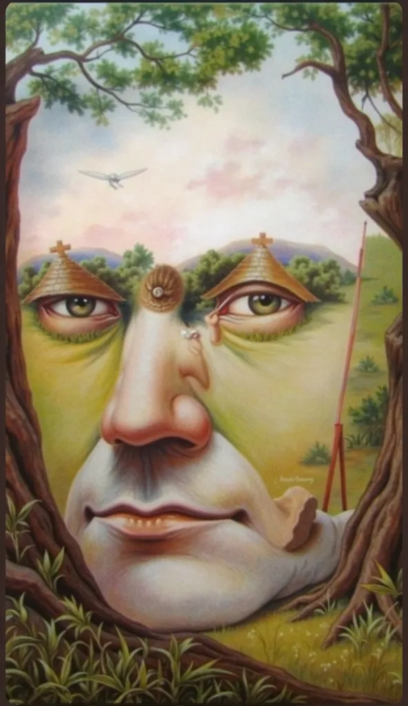 "A surreal painting of a painter sitting on a rock in a scenic countryside. The painter is creating a landscape on his canvas, but the landscape subtly transforms into the face of Donald Trump. The eyes of the landscape are actually small huts with thatche...