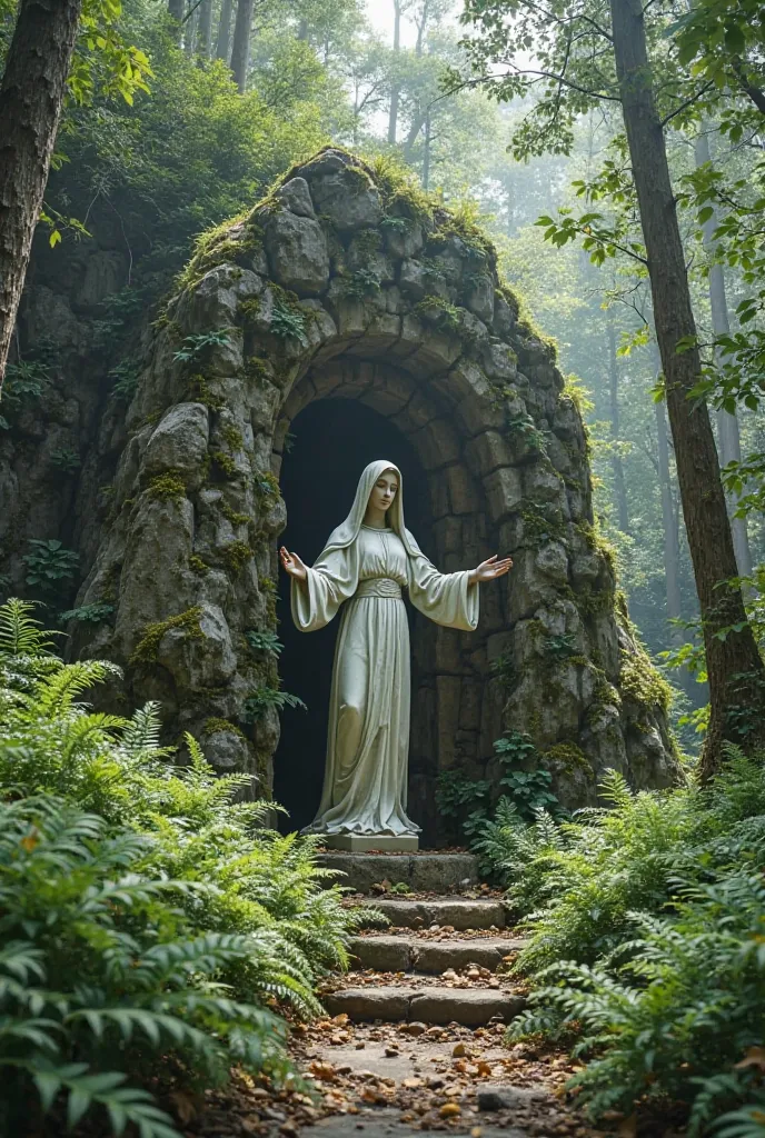 Entry to the mountain , with the Virgin Mary made of stone with moss and arms outstretched , in the woods and ferns