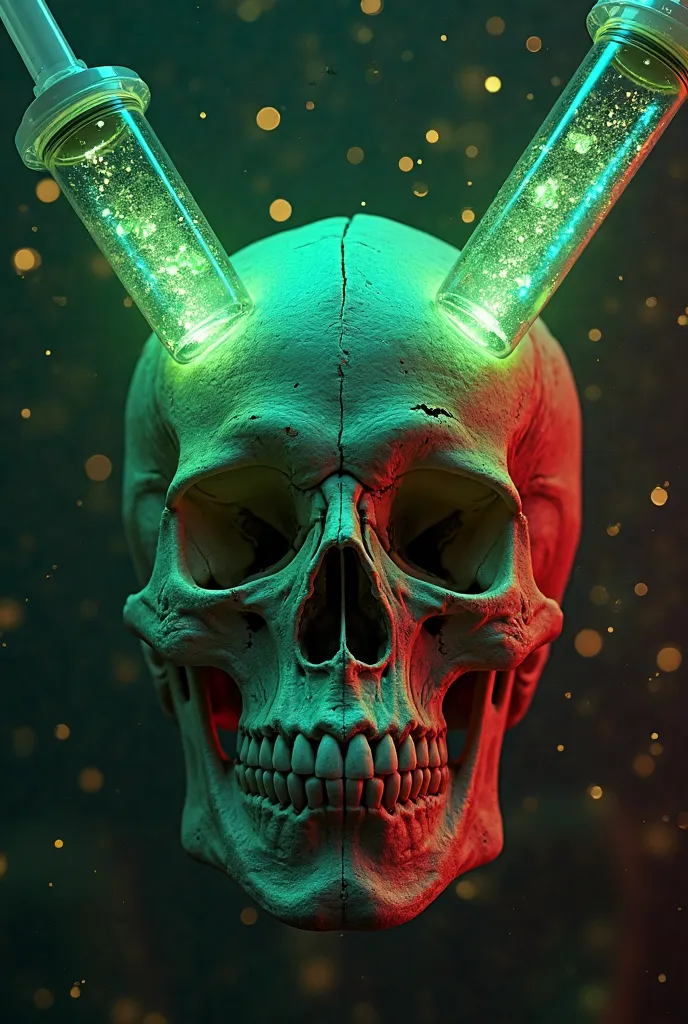 Um retrato em close hipnotizante de um lindo passarinho iluminado pela suave luz dourada de uma manhã tranquila, com bolas de bokeh vibrantes enquadrando suavemente sua forma delicada.A highly detailed and realistic skull with two large syringes piercing t...