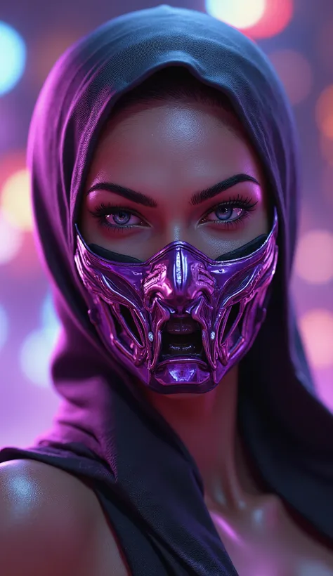 Hyperrealistic portrait of Mileena from Mortal Kombat, wearing an elegant metallic purple mask with a shiny and reflective surface. Her eyes are intense and subtly glowing, with its iconic sharp and visible predatory features Behind the mask. Her expressio...