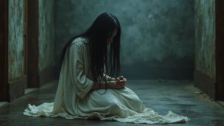 "The kuntilanak, a female ghost with long black hair and a tattered white dress, is now sitting on the floor, sulking with a defeated expression. She looks completely discouraged, hugging her knees. Kuntilanak looks at it with suspicion. The background is ...