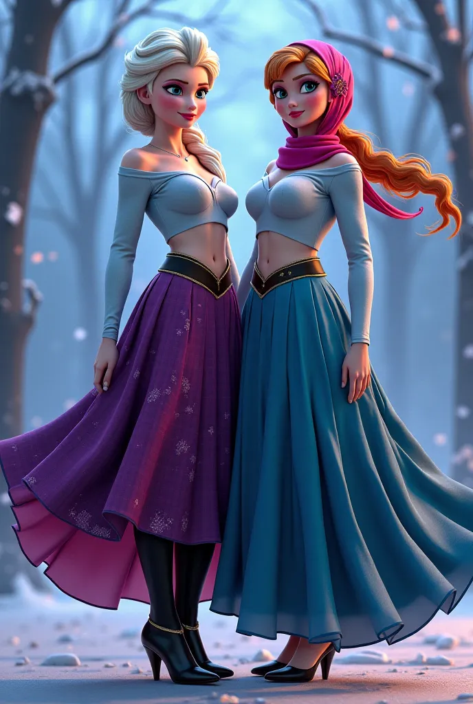 elsa from frozen, high-low skirt, long legs, beautiful hair, large breasts, large ass, curvy, atheltic skirt, curvy thighs, smiling, spreading legs out, showing her legs, crop top with no sleeves, hijab headscarf, she is with anna from frozen who dresses t...