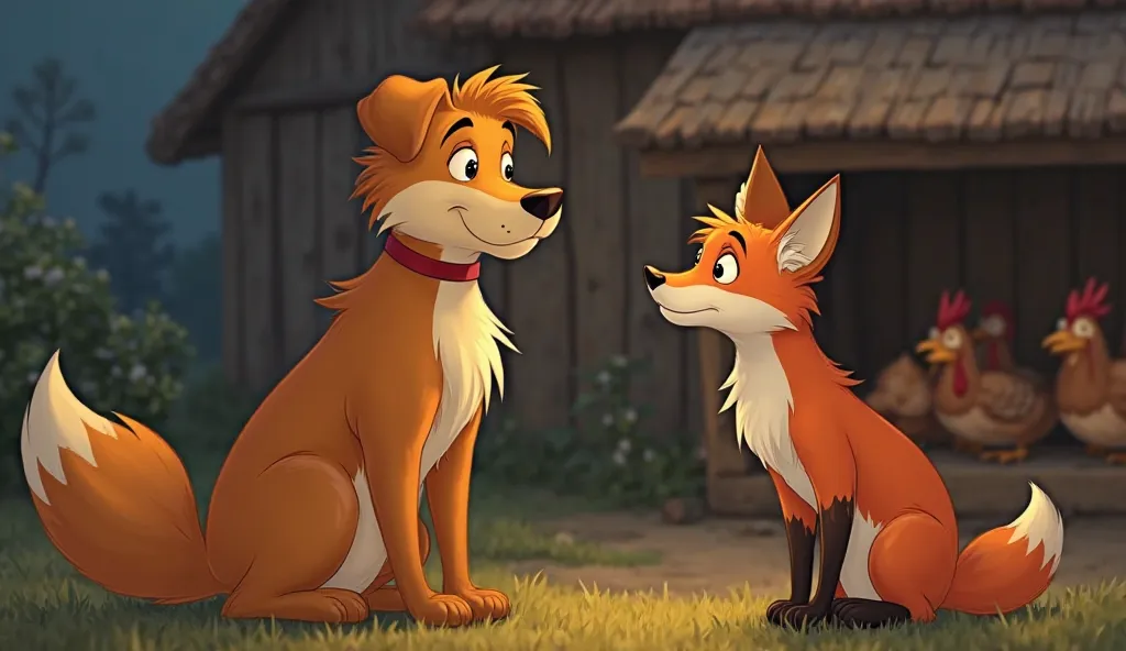 "Max, the clever golden-brown dog, is standing tall with a confident expression, pretending to think. The fox, with wide eyes and a nervous expression, listens carefully as Max tells him about the trap. The fox’s ears are tilted back, and his tail is twitc...