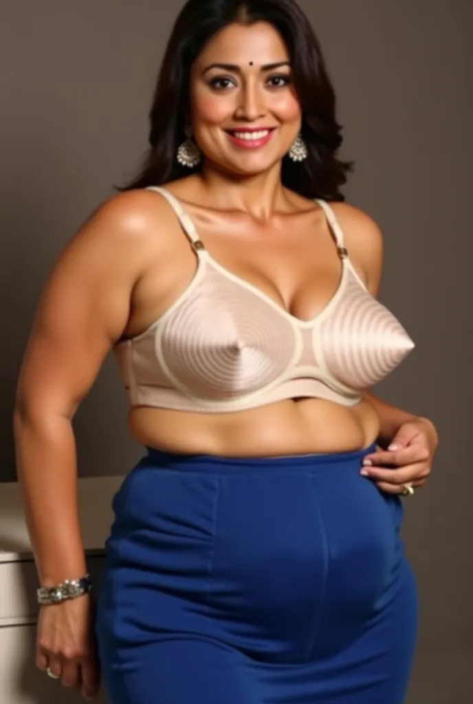 Indian young plus size desi bhabhi wears white bra fat belly and thighs, blue skirt