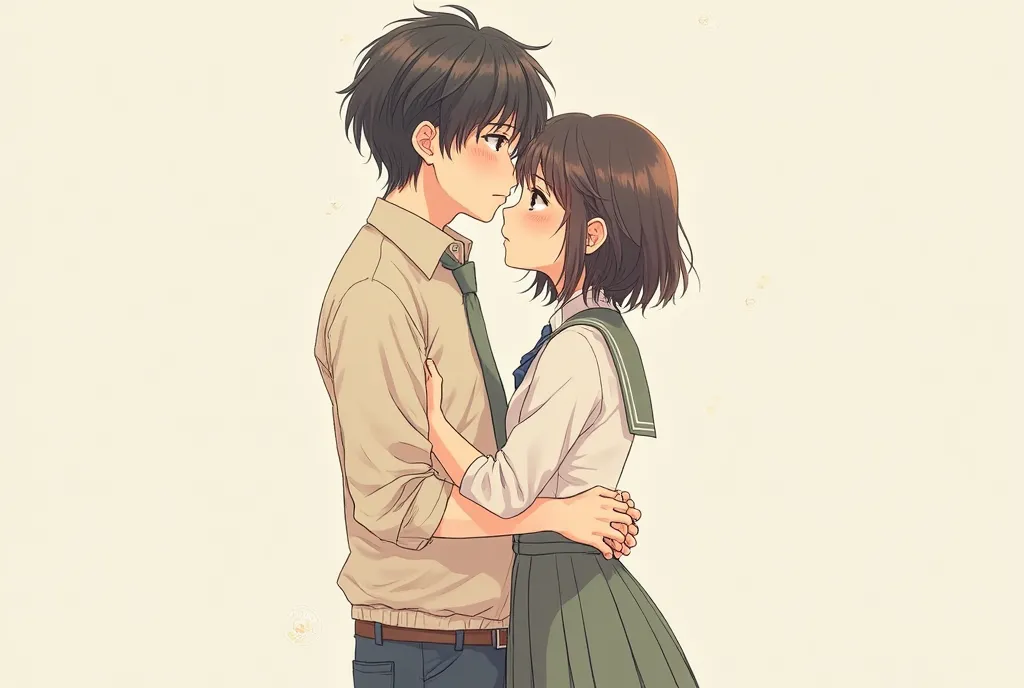 A high school boy stands behind a high school girl, gently placing his hands on her shoulders. His face is near her hair, and she turns her head slightly in surprise. Side view perspective. Romantic and delicate atmosphere. Classic shoujo manga style. No b...