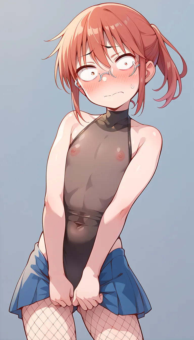 Kobayashi, flat chest, posing embarrassed, red face, embarrassed, Ashamed, fishnets,highleg leotard,skirt,see-through,black leotard