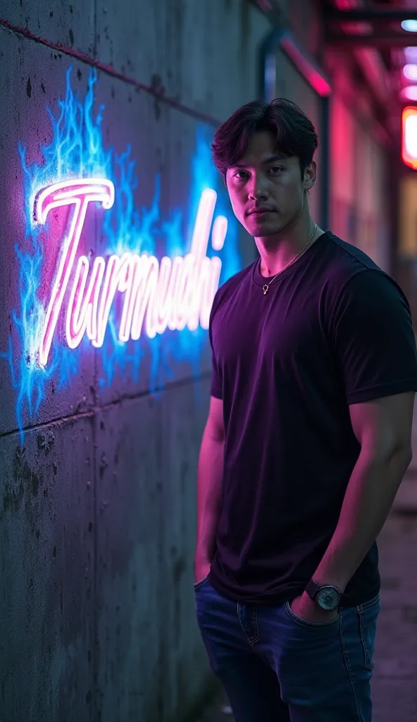 A burly bodied Korean handsome man with dark hair,  dressed in a black T-shirt and jeans , standing by staring at the camera behind him a concrete wall. On the wall is a glowing inscription 'Turmudhi' with a blue and pink flame effect. Night atmosphere wit...