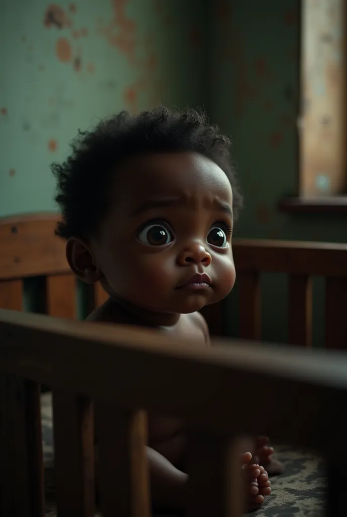 A lonely Black baby sitting in an old wooden crib inside a worn-down orphanage, looking around with sad, curious eyes. The room has dim lighting and faded walls, evoking a sense of solitude.
No estilo Pixar