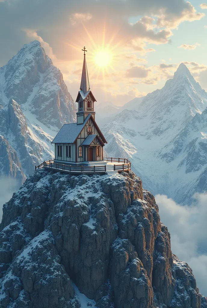 A small church on a high mountain， the sun is shining