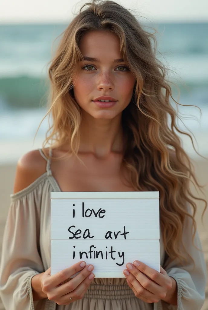 Beautiful girl with wavy long hair, bohemian dress, holding a white board with text "I Love Seaart Infinity" and showing it to the viewer