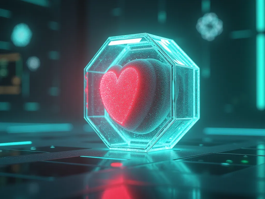 futuristic hexagonal capsule, frosted glass texture (color #717171), glowing red pulsating core resembling a heart, holographic turquoise (#00C6FE) veins spreading across the capsule, soft sci-lab background with floating 3D model files (VRM/MikuMikudance)...