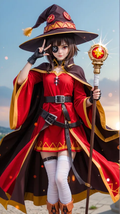 An ultra-realistic, hyper-detailed cinematic portrait of Megumin from Konosuba, captured in a dramatic fantasy photoshoot. She wears her signature red robes with gold trim, a dark purple cape with gold details, and a wide-brimmed wizard hat adorned with em...