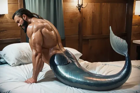 Dominant muscle man with gray mermaid tail moving on bed. Bottom. Merman is wet and oiled ,  cracked and greasy. It is very much oiled and wet. Black long hair, long beard.