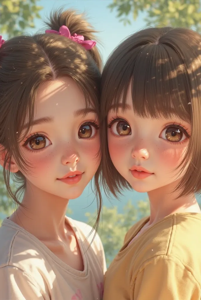 Realistic blonde girl with twin tails and a baby-faced girl with straight bangs