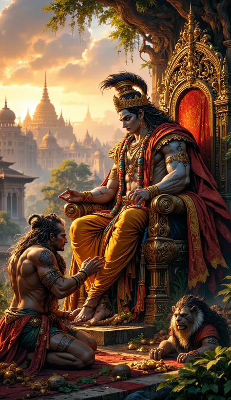 ram ji have girlish face long hair sitting on throne and hanuman ji who is very bigger kneel down in front of ram ji and beautiful background