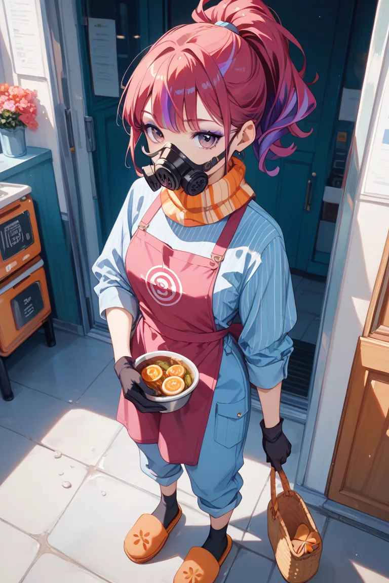 Half Faced Gas Mask、Light Blue and Magenta Striped Hair、Ponytail with Raised Bangs、purple zitos 、Reddish purple eyeshadow、Orange Neck Warmer、Light blue jumpsuit、Magenta Apron、 black gloves、Orange Slippers、 black socks