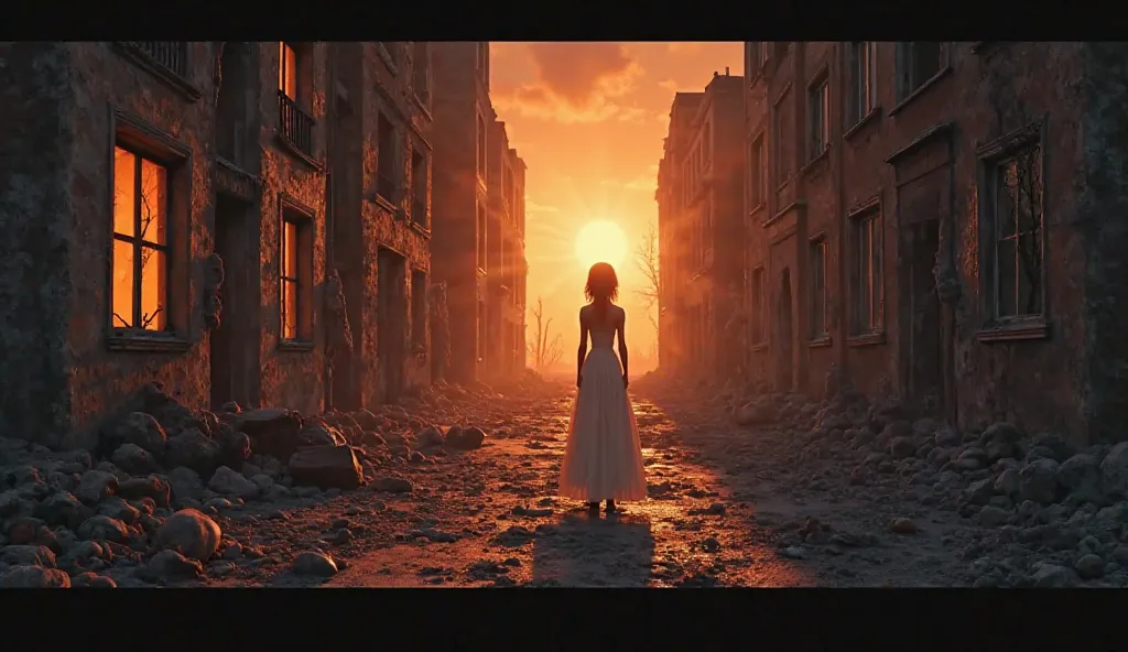 Prompt 6:

A cinematic, 2D animated, vivid, 4K HD eerie shot of the burned-down apartment building, the morning sun casting a ghostly glow on its charred remains. In one of the broken windows, a faint outline of a woman in white can still be seen, silently...