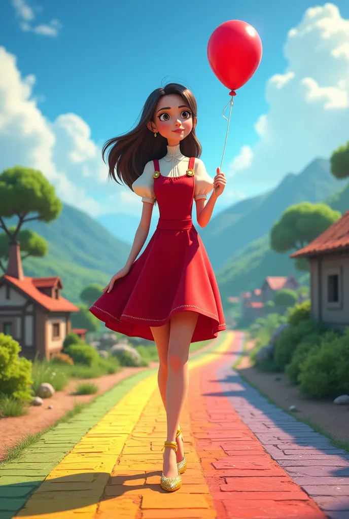 A rainbow colored brick road in the middle of nowhere, surrounded by trees and mountain terrain that cuts through a small village or town on a bright and sunny day with minimal clouds. A young woman wearing a red and white dress with a fitted bodice and st...