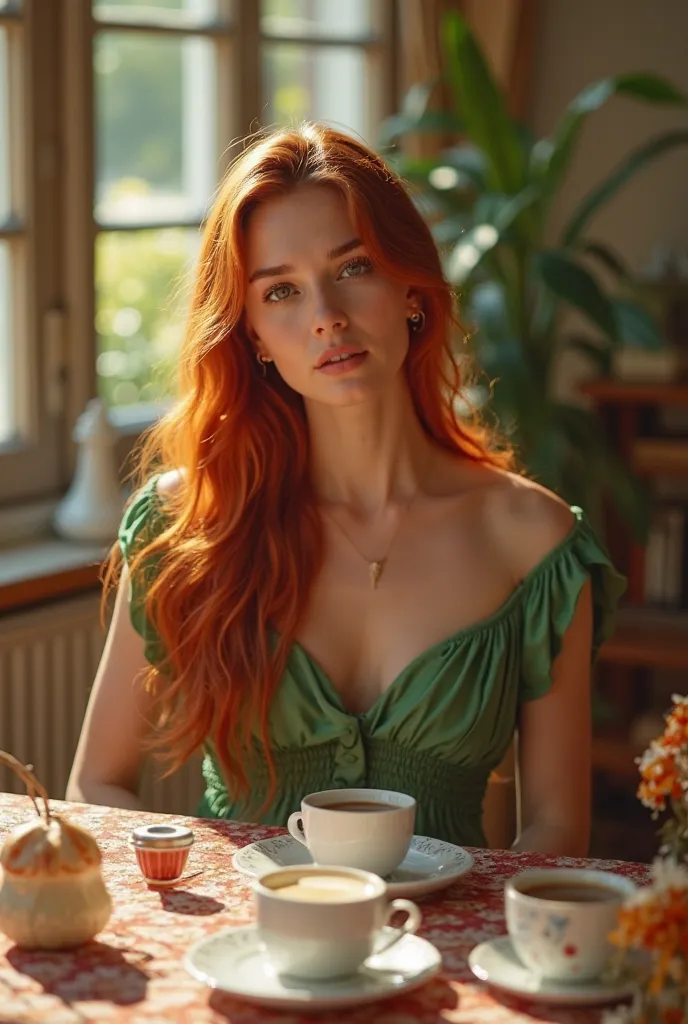 Show me a richly laid breakfast table with coffee, indirect sunlight, fotorealistic, A young woman is sitting in front of the breakfast table, green dress,  red long hair, 4K, highly detailed, realistic, physically-based lighting, Sharp Focus, professional...