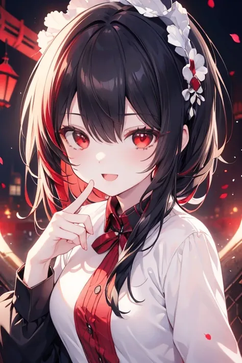 (masterpiece, best quality),  intricate details, 
1girl,black hair, Red eyes,  light red hair, white hair tips, 
small breasts, smiling, opened mouth, wear white shirt, long Sleeve shirt,  Red checkered shirt, Park background,
(masterpiece: 1.2), Best Qual...