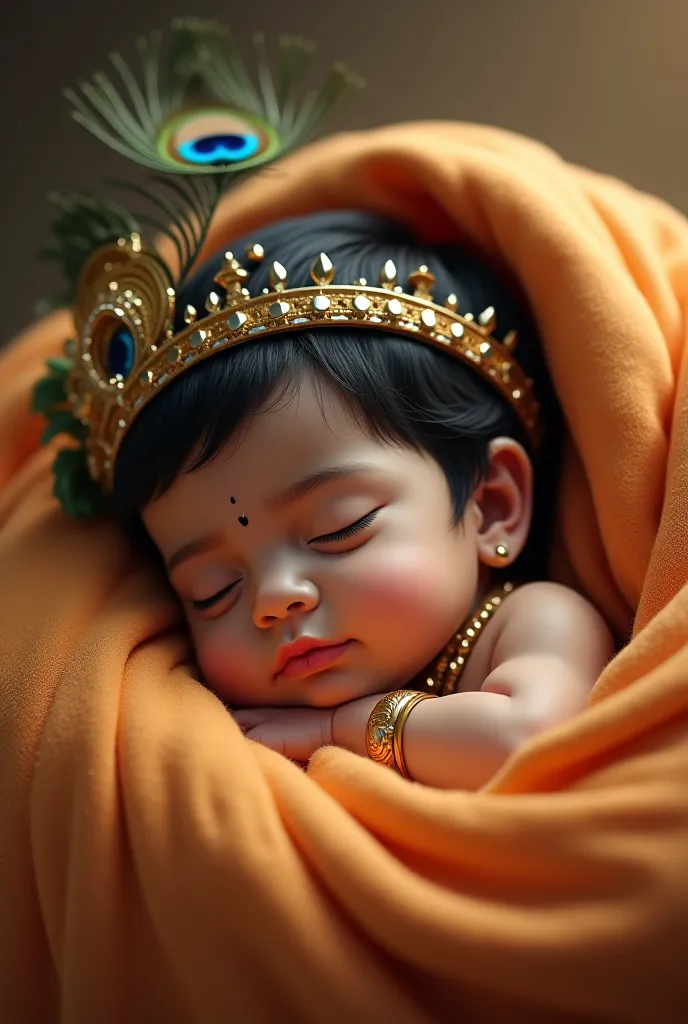 Blanket ke ander soya shree krishna baby boy sar par mor mukut penye 