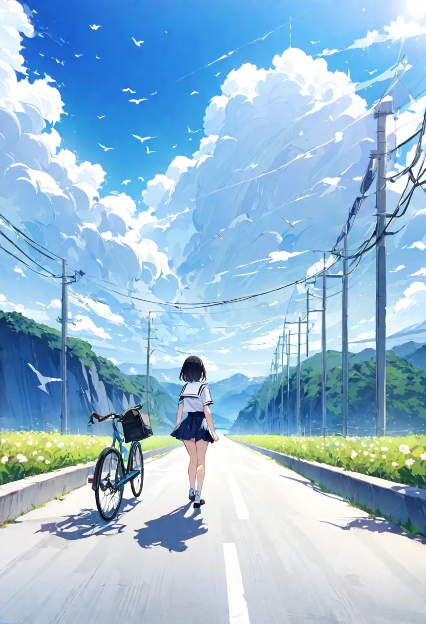 top quality、 details、detailsはこちら、beautifully、anime scenery、summer、countryside、long concrete road、electric wire、electric wire、重なったelectric wire、 clear、 clear、summer、 Big Entrance Cloud 、You can see the sea in the background、beautiful海、birds are flying、A gir...