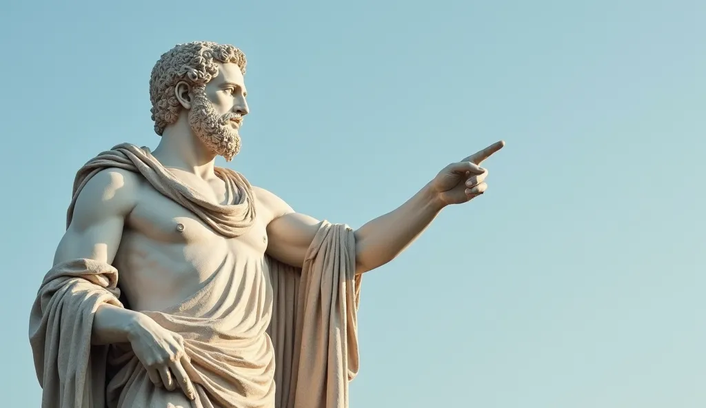 Statue of Epictetus, pointing with one hand towards a circle divided into 'controllable' and 'uncontrollable'. Expression of teaching and serenity. Simple background with clear sky, classical style with realistic stone texture details.