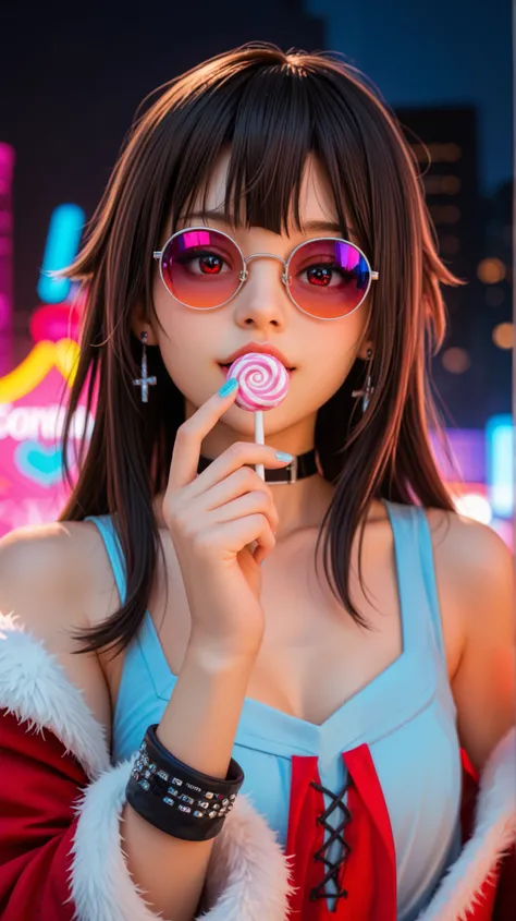 Ultra-realistic, hyper-detailed cinematic portrait of Megumin from Konosuba, redesigned with a modern, stylish aesthetic while maintaining her iconic features. She wears a trendy white sleeveless top with pearl details, a soft pink faux fur jacket draped o...