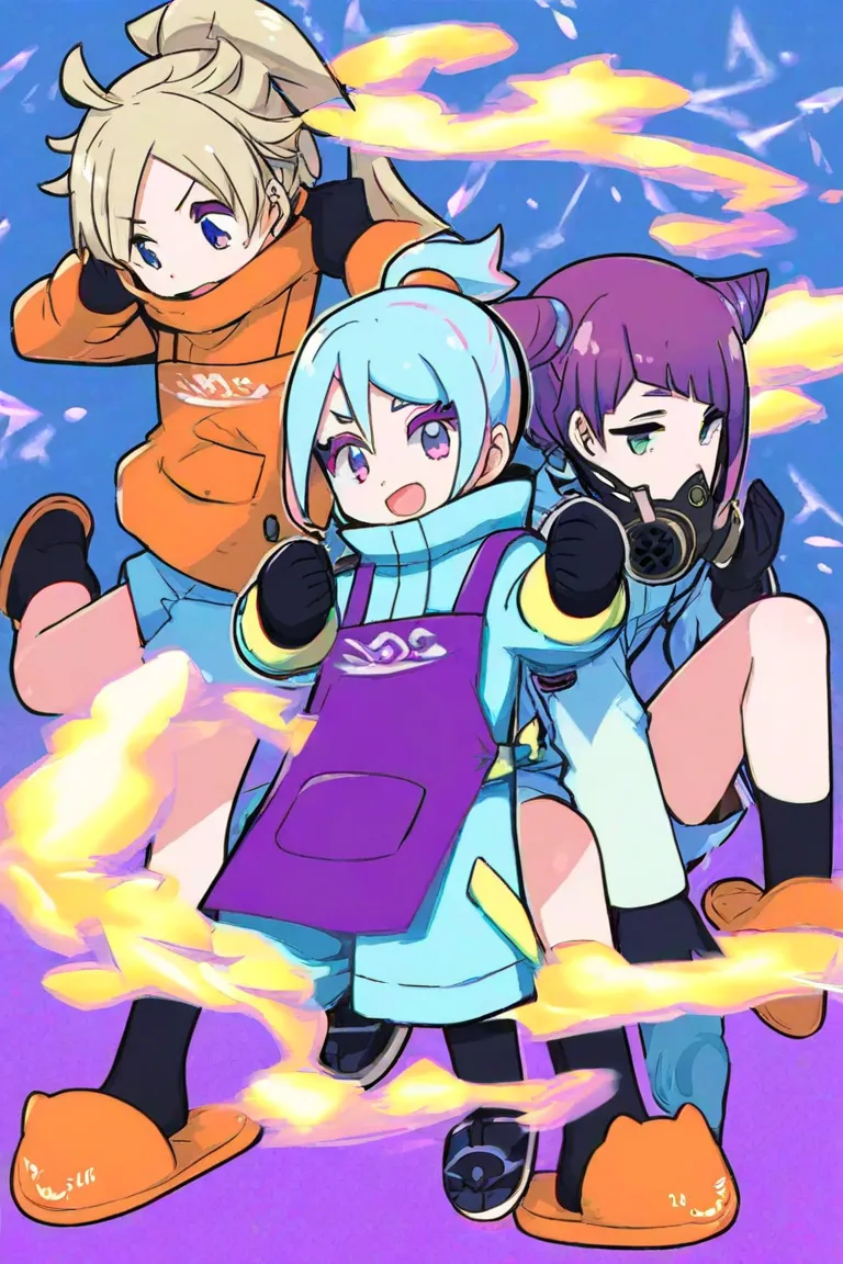 Primary colors、Half Faced Gas Mask、light blue and purple striped hair、Ponytail with Raised Bangs、purple zitos 、purple eyeshadow、Orange Neck Warmer、Light blue jumpsuit、Purple apron、 black gloves、Orange Slippers、 black socks